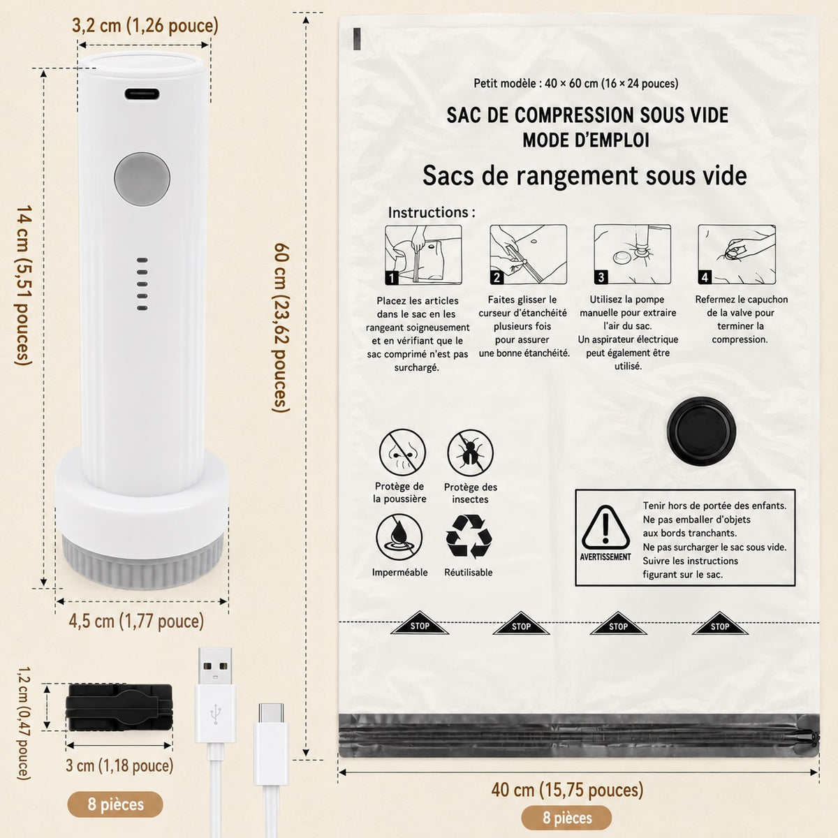 Pack Gain de Place : Mini Pompe Électrique et Sacs Sous Vide Voyage