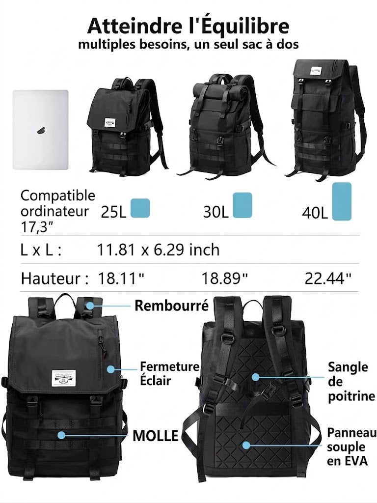Sac à Dos Voyage Evolutif 40L - Modulable, Résistant & Pratique