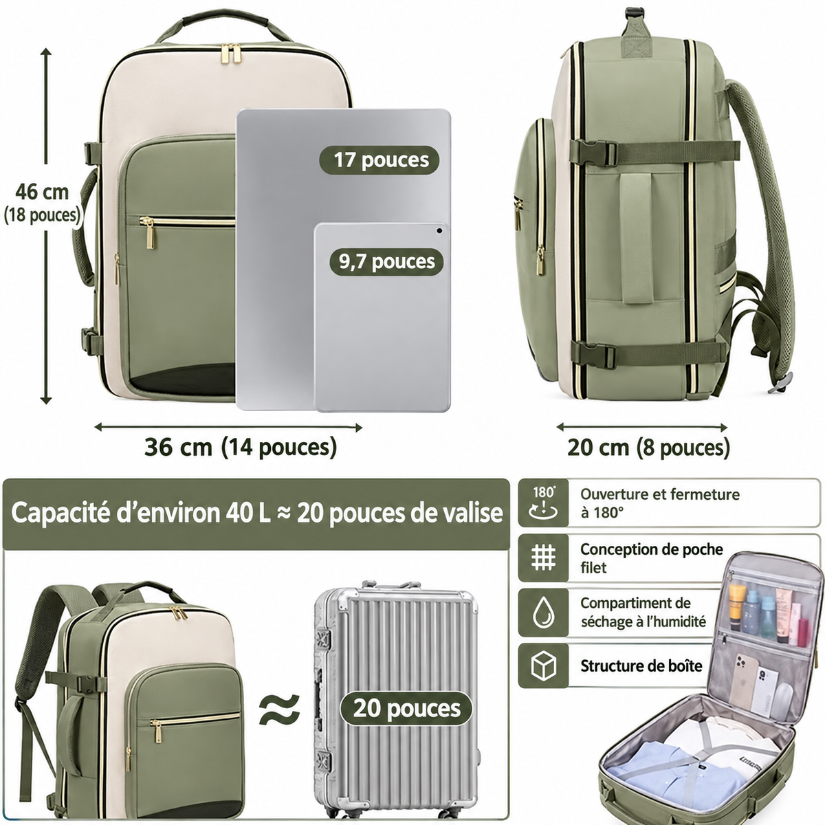 Sac à Dos de Voyage Cabine 40L Multifonction – Idéal Court Séjour
